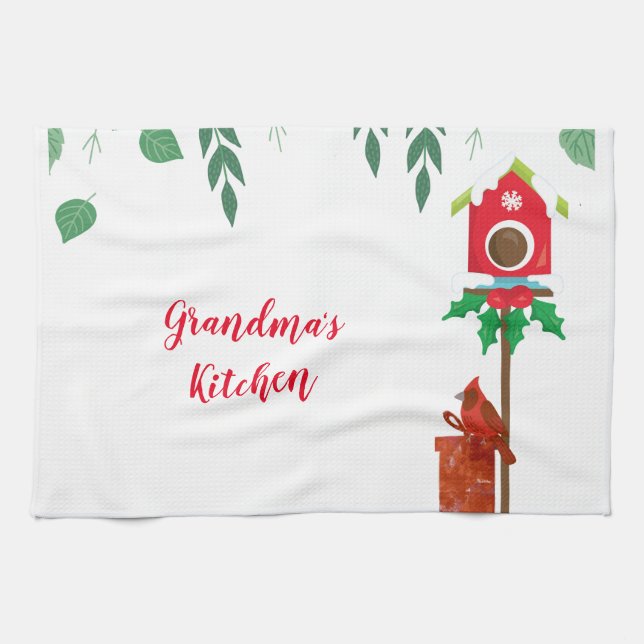 Cardinal with Holiday Birdhouse Personalised Tea Towel (Horizontal)