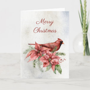 Cardinal with Poinsettias Holiday Card