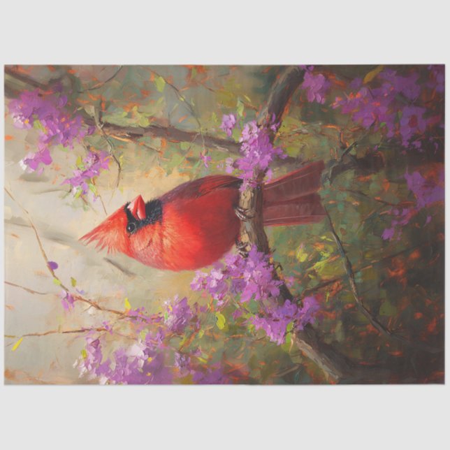 Cardinal with Purple Flowers Decoupage Tissue Paper (Front)