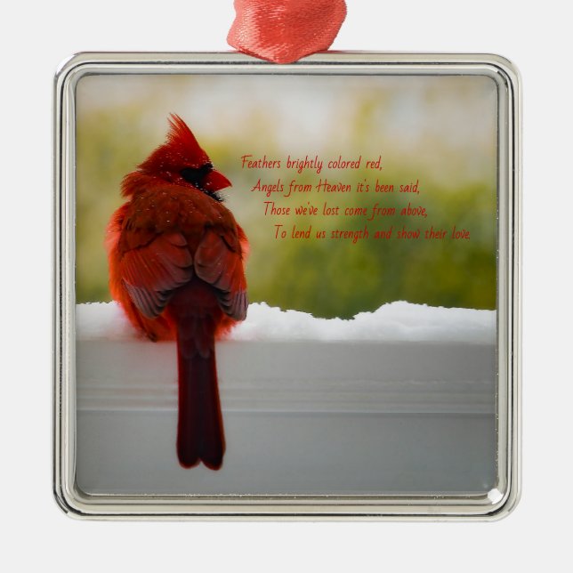 Cardinal with Visitor From Heaven poem Metal Ornament (Front)