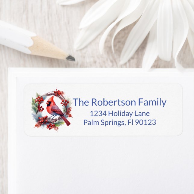 Cardinal Wreath Blue Return Address Label (Insitu)