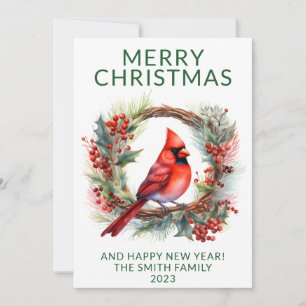 Cardinal Wreath Green Holiday Card