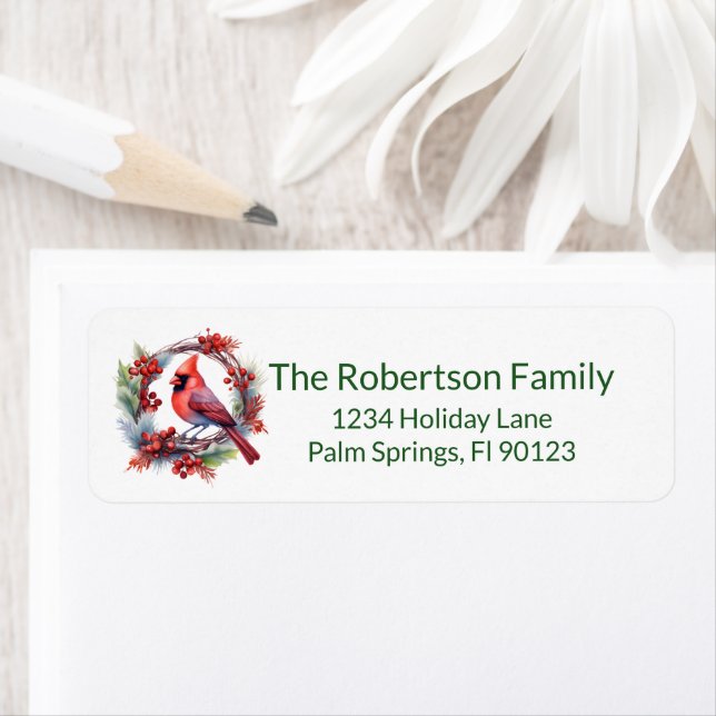 Cardinal Wreath Green Return Address Label (Insitu)