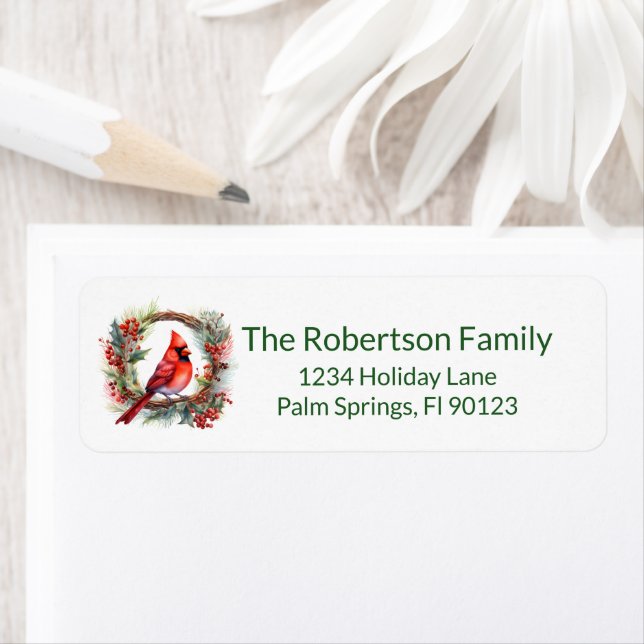 Cardinal Wreath Green Return Address Label (Insitu)