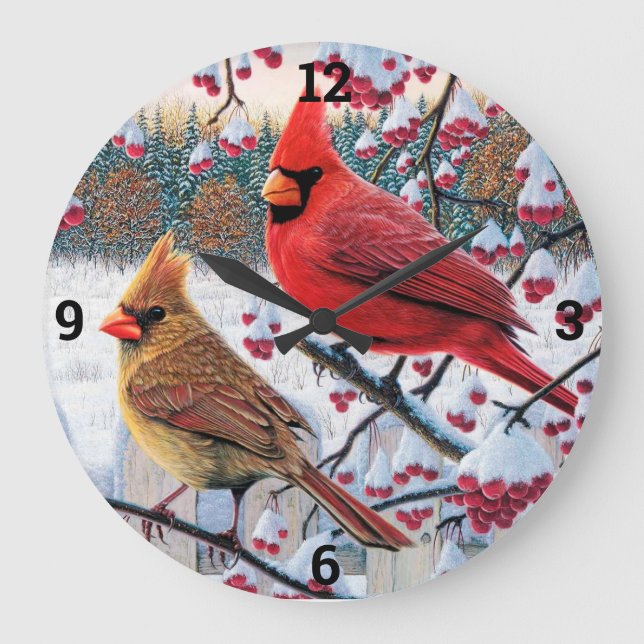 Cardinals and Berries Large Clock (Front)