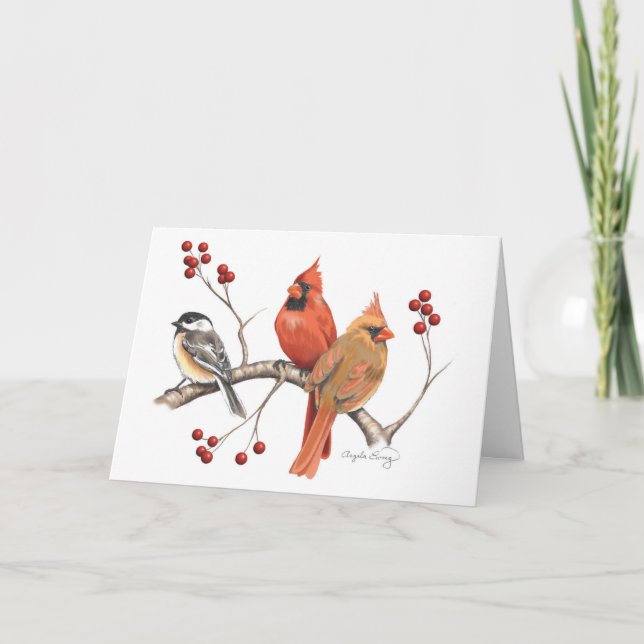 Cardinals and Chickadee with Winter Berries Card (Front)