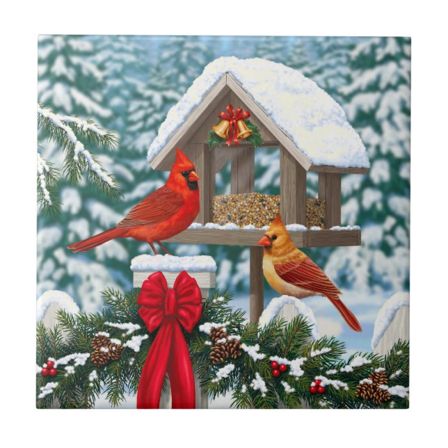 Cardinals and Christmas Bird Feeder Ceramic Tile (Front)