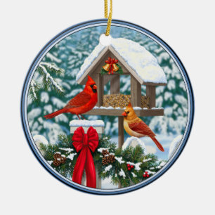 Cardinals and Christmas Bird Feeder Ceramic Tree Decoration