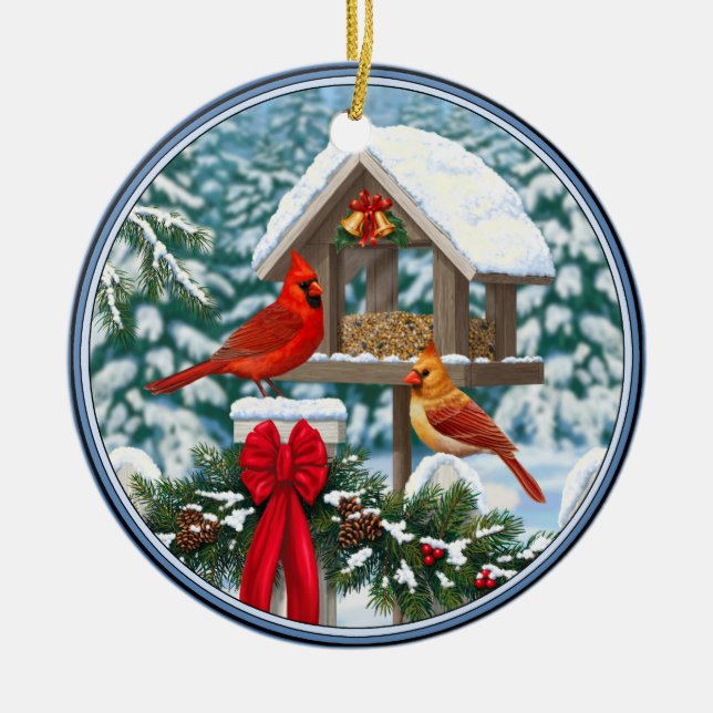 Cardinals and Christmas Bird Feeder Ceramic Tree Decoration (Front)