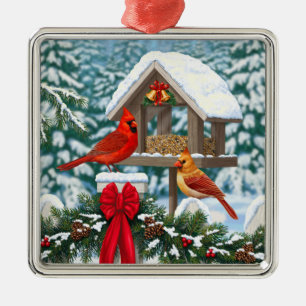 Cardinals and Christmas Bird Feeder Metal Tree Decoration