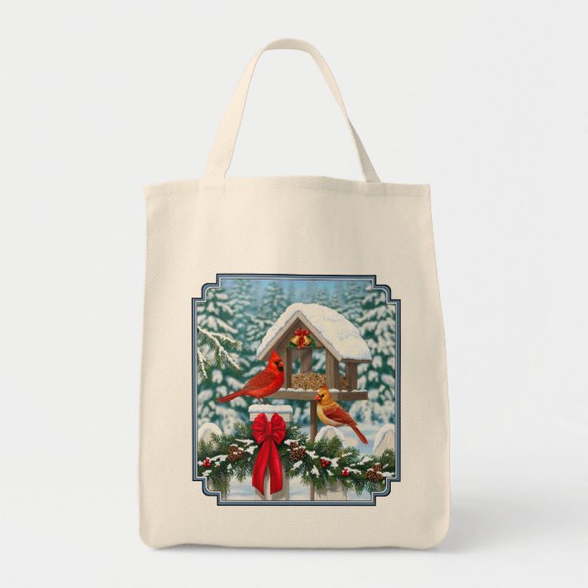 Cardinals and Christmas Bird Feeder Tote Bag (Front)