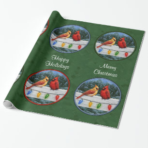 Cardinals and Christmas Lights Green Wrapping Paper