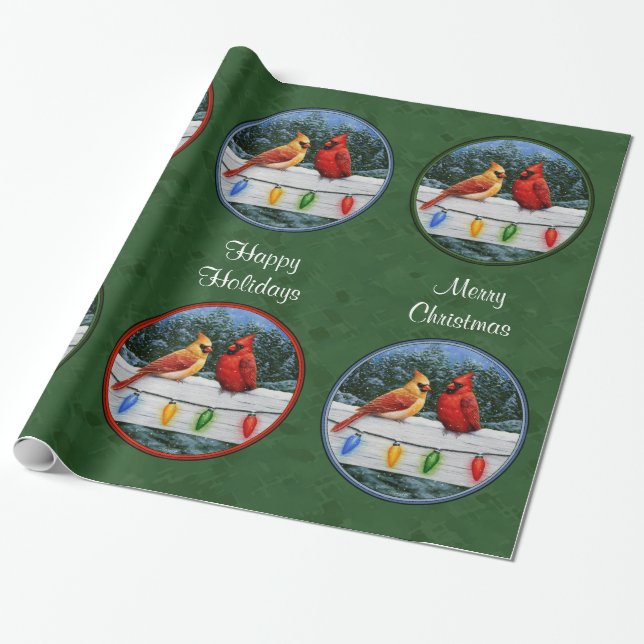 Cardinals and Christmas Lights Green Wrapping Paper (Unrolled)