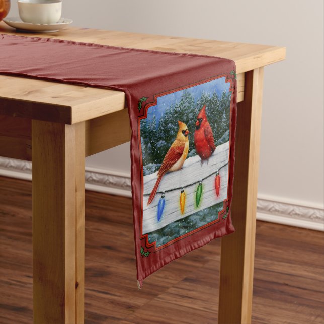 Cardinals and Christmas Lights Red Medium Table Runner (In Situ)