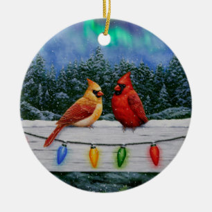 Cardinals and Christmas Lights Winter Snow Ceramic Ornament