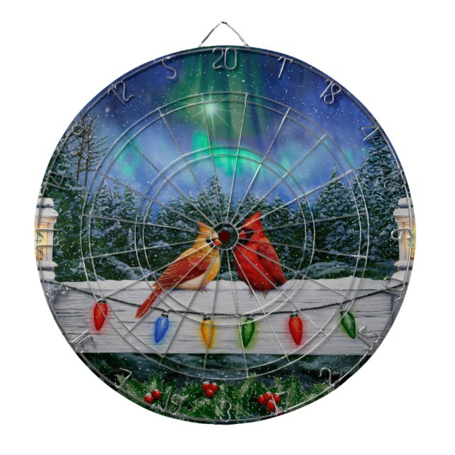 Cardinals and Christmas Lights Winter Snow Dartboard (Front)
