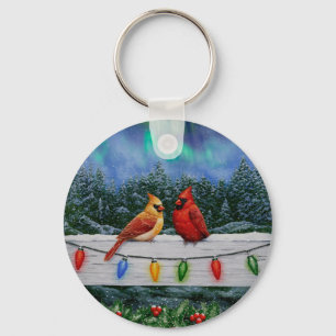 Cardinals and Christmas Lights Winter Snow Key Ring