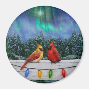 Cardinals and Christmas Lights Winter Snow Magnet