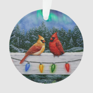Cardinals and Christmas Lights Winter Snow Ornament