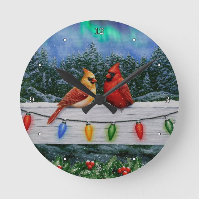 Cardinals and Christmas Lights Winter Snow Round Clock (Front)