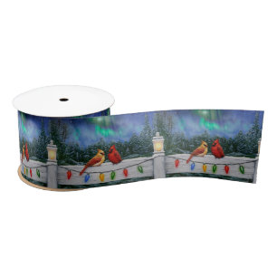 Cardinals and Christmas Lights Winter Snow Satin Ribbon