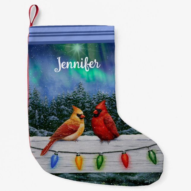 Cardinals and Christmas Lights Winter Snow Small Christmas Stocking (Front)