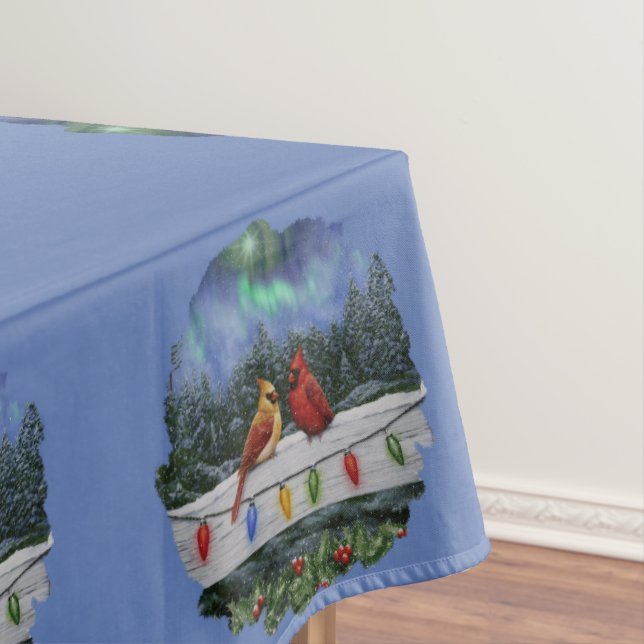 Cardinals and Christmas Lights Winter Snow Tablecloth (In Situ)