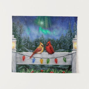 Cardinals and Christmas Lights Winter Snow Tapestry