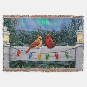 Cardinals and Christmas Lights Winter Snow Throw Blanket
