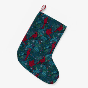 Cardinals and conifers, winter holiday pattern small christmas stocking
