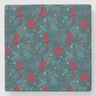 Cardinals and conifers, winter holiday pattern stone coaster