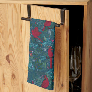 Cardinals and conifers, winter holiday pattern tea towel