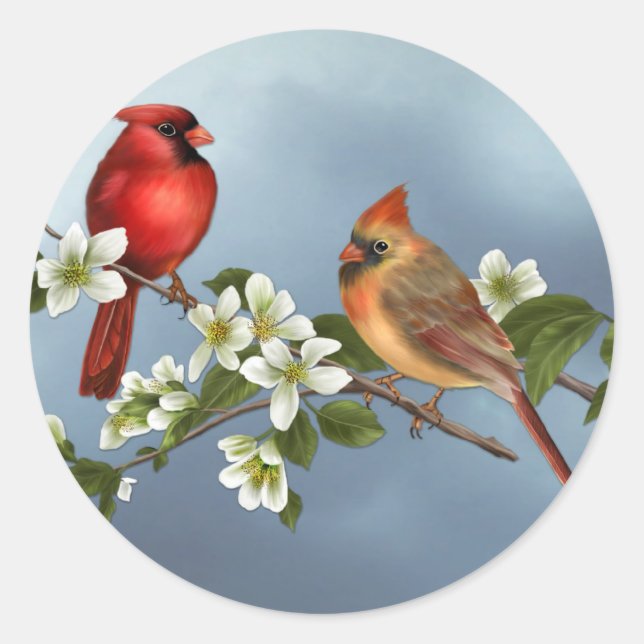 Cardinals and Dogwood Classic Round Sticker (Front)