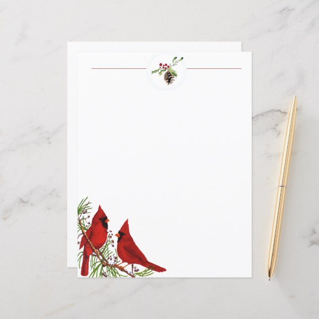 Cardinals and fir Christmas stationery paper (Front/Back In Situ)