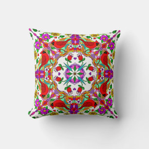 Cardinals and Flowers Mandala Pretty Colourful Cushion