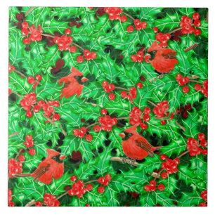 Cardinals and holly berry ceramic tile