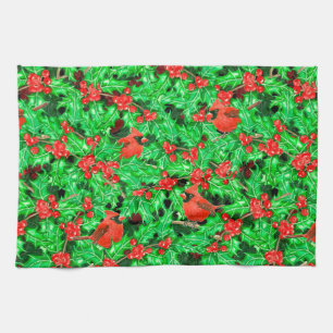 Cardinals and holly berry tea towel