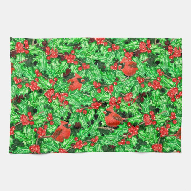 Cardinals and holly berry tea towel (Horizontal)
