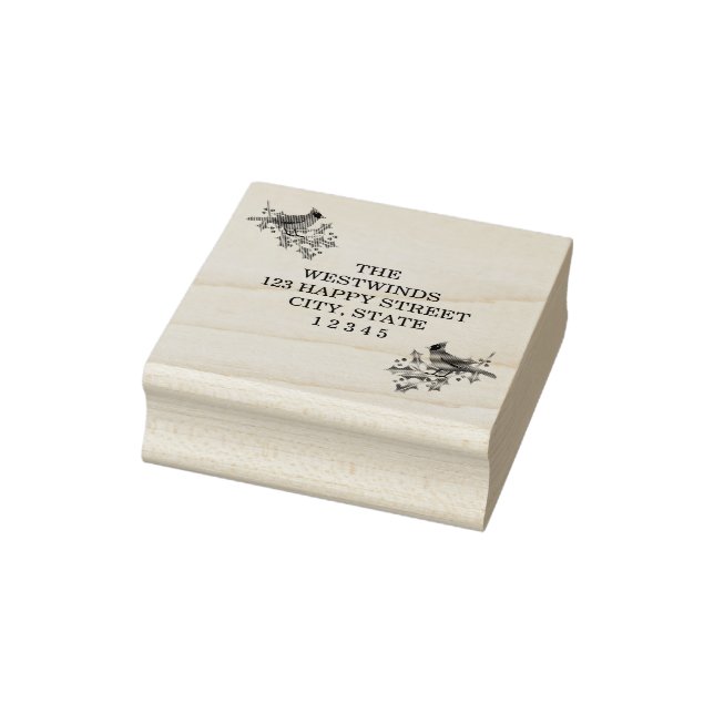 Cardinals and Holly Return Address Wood Art Stamp (Stamp)