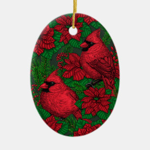 Cardinals and poinsettia for Christmas Ceramic Ornament