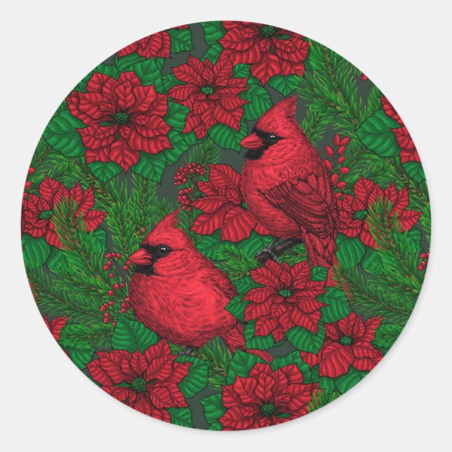 Cardinals and poinsettia for Christmas Classic Round Sticker (Front)