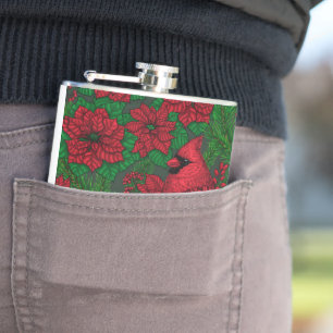 Cardinals and poinsettia for Christmas Hip Flask