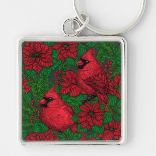 Cardinals and poinsettia for Christmas Key Ring
