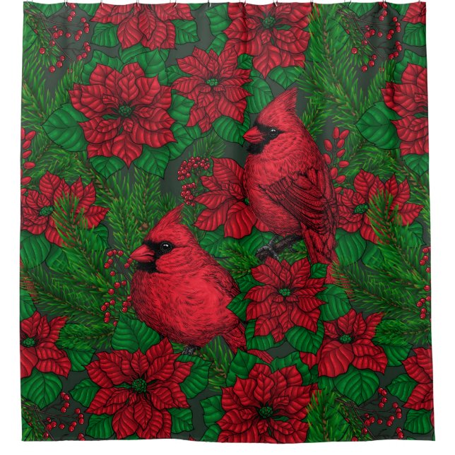 Cardinals and poinsettia for Christmas Shower Curtain (Front)