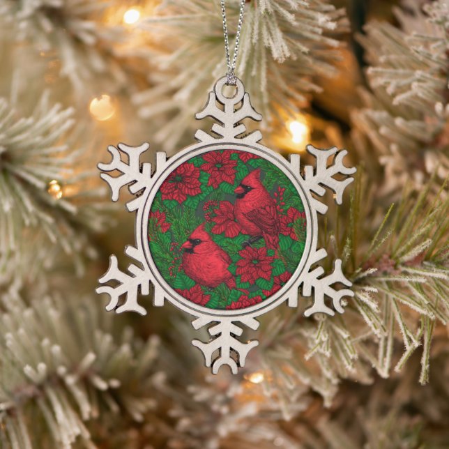 Cardinals and poinsettia for Christmas Snowflake Pewter Christmas Ornament (Tree)