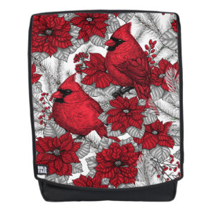 Cardinals and poinsettia in red and white backpack