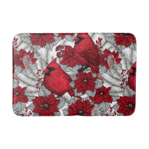 Cardinals and poinsettia in red and white bath mat