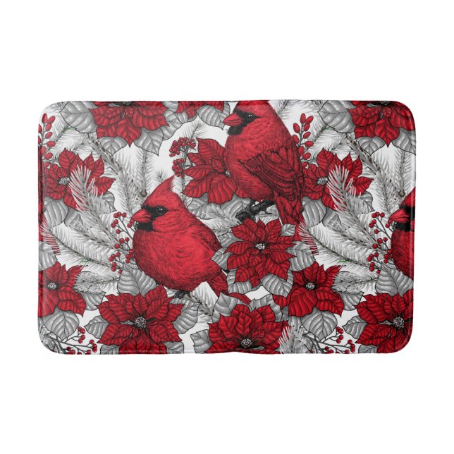 Cardinals and poinsettia in red and white bath mat (Front)