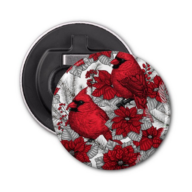 Cardinals and poinsettia in red and white bottle opener (Front)