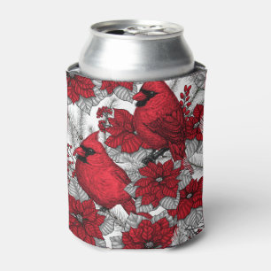 Cardinals and poinsettia in red and white can cooler